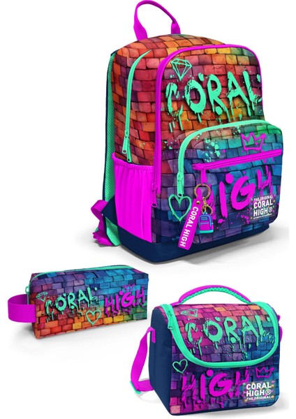 3'lü Okul Çanta Seti Pembe Lacivert Grafiti Tasarım 18 Litre Kapasiteyle Çocuklar İçin