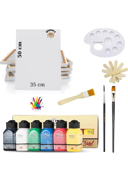 Lüks Akrilik Boya Seti 6X75 ml Artdeco Lu Set Ipek Fırçalı + 35X50 Tuval Sanatsal Set Canlı Renkler