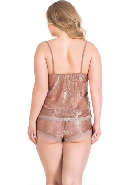 Büyük Beden Vizon Jakarlı Babydoll Şort Takımı