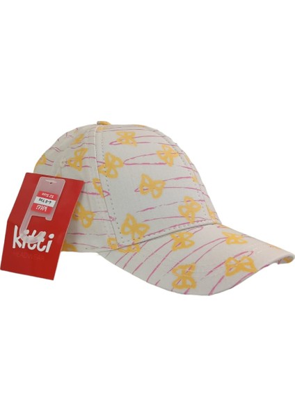 Kitti 4-8 Yaş Kız Çocuk Krem Renk Desenli Yazlık Şapka