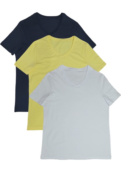 Pamuklu V Yaka Basic Kadın 3lü T-Shirt Paketi