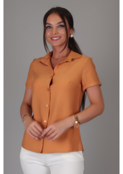 Sweetness Kadın Taba Kısa Kol Krinkıl Kumaş Klasik Gömlek