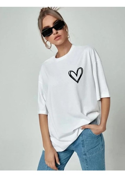 Moda Hayzey Bisiklet Yaka Baskılı Oversize T-Shirt - Beyaz