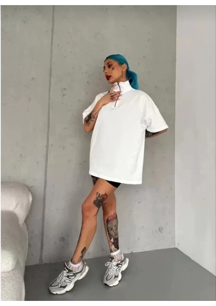 Moda Hayzey Unisex Yarım Fermuarlı Düz Oversize T-Shirt - Beyaz