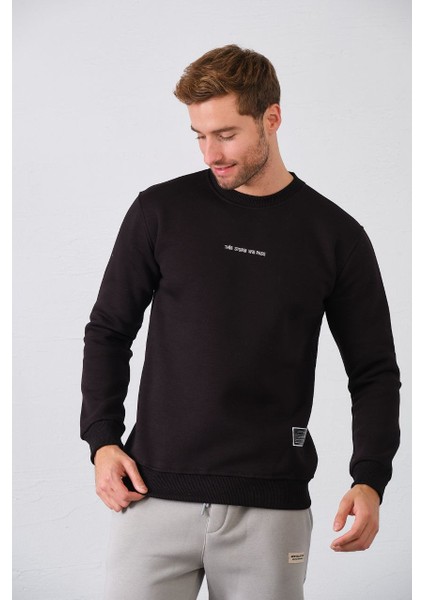 Erkek Nakışlı Slim Fit Bisiklet Yaka Sweatshirt 3 Iplilk Şardonlu Kumaş