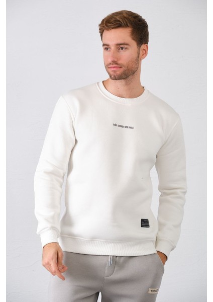 Erkek Nakışlı Slim Fit Bisiklet Yaka Sweatshirt 3 Iplilk Şardonlu Kumaş
