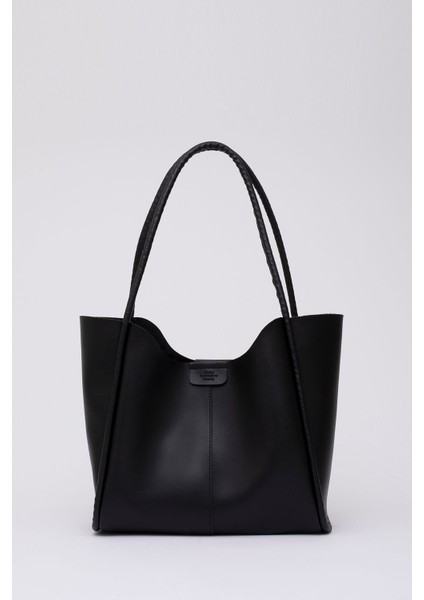 Tekno Trust Basic Siyah SHK76 Çıtçıtlı Fitil Askılı Suni Deri Makyaj Çantalı Büyük Boy Kadın El ve Omuz Çantası