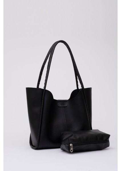 Tekno Trust Basic Siyah SHK76 Çıtçıtlı Fitil Askılı Suni Deri Makyaj Çantalı Büyük Boy Kadın El ve Omuz Çantası fiyatları