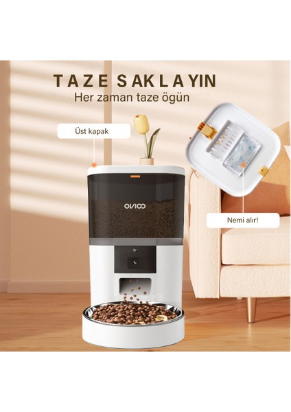 QQ005 6 Litre Kameralı ve Uzaktan Wifi Bağlantılı Paslanmaz Kaseli Kedi ve Köpek Besleyici