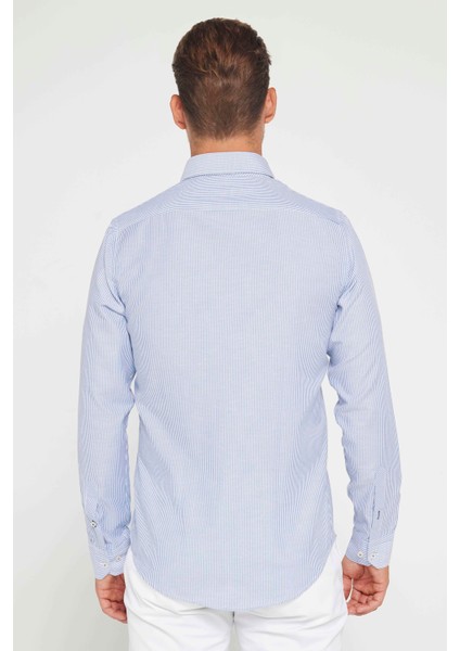 Erkek Slim Fit Dar Kesim Uzun Kollu %100 Pamuk Keten Doku Düğmeli Yaka Gömlek