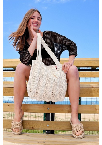 Tekno Trust 1'li Kadın Triko Örgü Aksesuarlı Içi Astarlı Askılı Gündelik El&omuz ve Plaj Çantası Vanilya Chax8