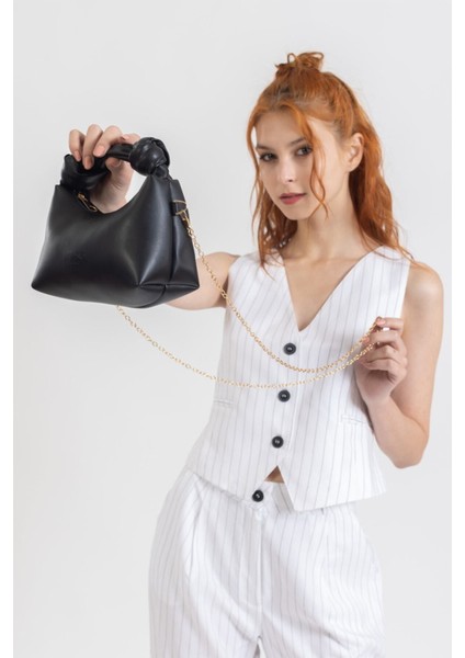 Tekno Trust Dokuma Kadın Siyah Soft Deri Düğüm Detaylı Kulplu Zincir Askılı Mini El Omuz Baget Çanta Tüm Yaş gr indirimleri