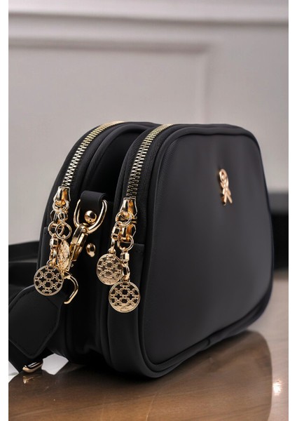 Tekno Trust Suni Deri Siyah 3 Bölmeli Buzzy Saten Deri Ayarlanabilir Kolon Askılı Günlük Kadın Omuz Çantası Hay