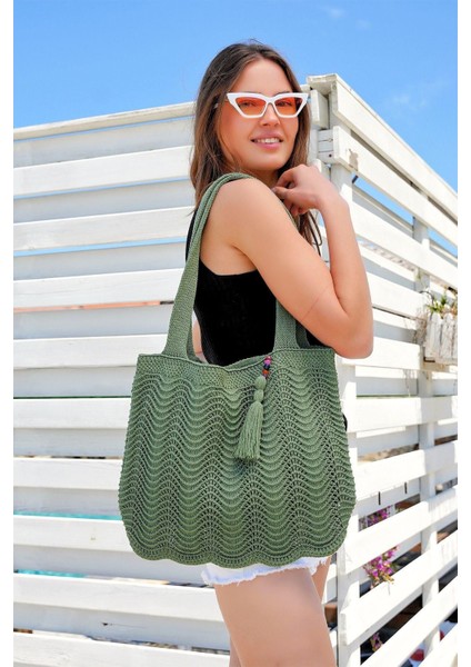 Tekno Trust Triko Kadın Triko Örgü Aksesuarlı Içi Astarlı Askılı Gündelik El&omuz ve Plaj Çantası Yeşil CHAX803