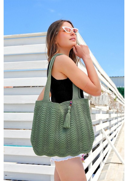 Tekno Trust Triko Kadın Triko Örgü Aksesuarlı Içi Astarlı Askılı Gündelik El&omuz ve Plaj Çantası Yeşil CHAX803 modelleri