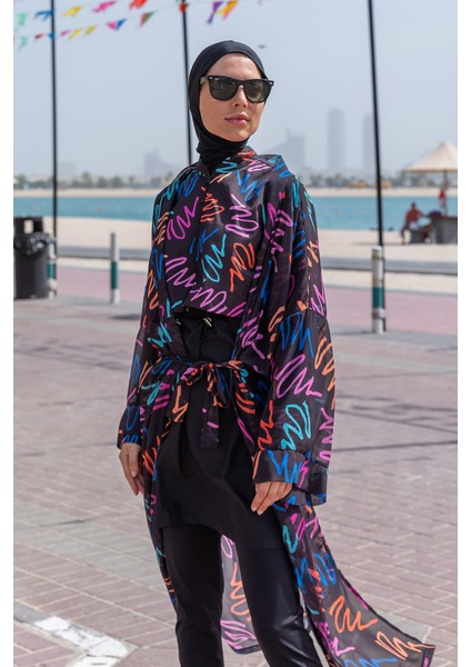 Remsa Tesettür Mayo Üzerine Tek Kaftan Kimono Pareo RP013 Neon