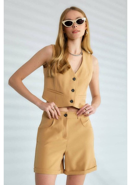 Kaylee V Yaka Düğmeli Crop Yelek fiyatları