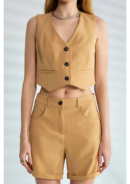 Kaylee V Yaka Düğmeli Crop Yelek modelleri