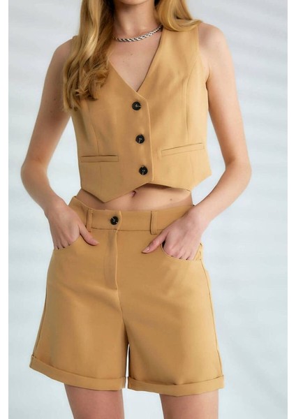 Kaylee V Yaka Düğmeli Crop Yelek indirimleri