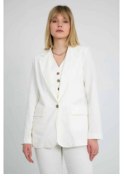 Klasik Yaka Pamuklu Blazer Ceket Ekru modelleri