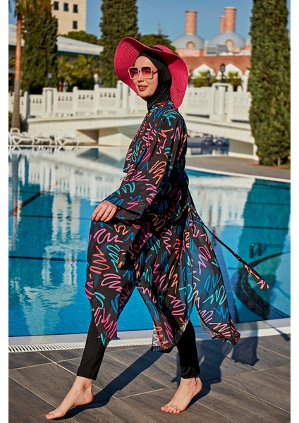 Remsa Tesettür Mayo Üzerine Neon Desenli Kimono Pareo Kadınlar İçin Şifon Tek Parça