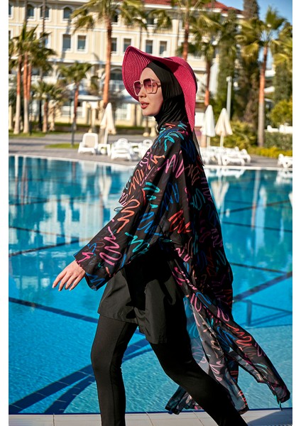 Remsa Tesettür Mayo Üzerine Neon Desenli Kimono Pareo Kadınlar İçin Şifon Tek Parça modelleri