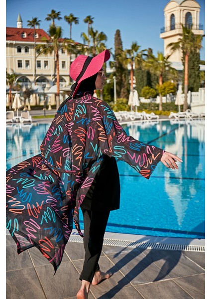 Remsa Tesettür Mayo Üzerine Neon Desenli Kimono Pareo Kadınlar İçin Şifon Tek Parça fırsatları