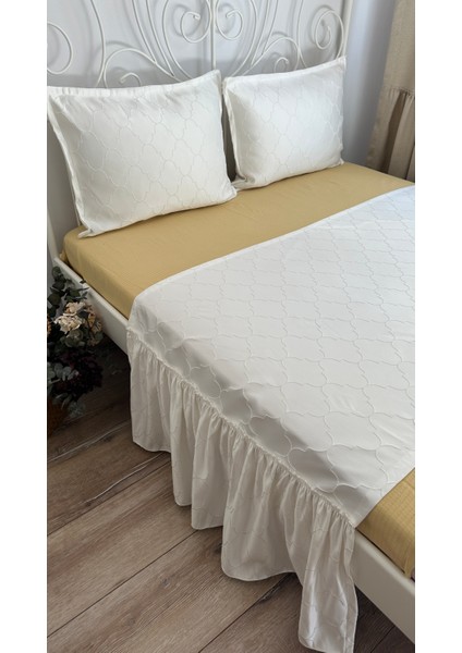 Decamor Home 3 lü Set Ekru Saten Yatak Runner Set Yatak Örtüsü