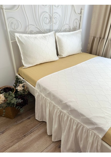 Decamor Home 3 lü Set Ekru Saten Yatak Runner Set Yatak Örtüsü