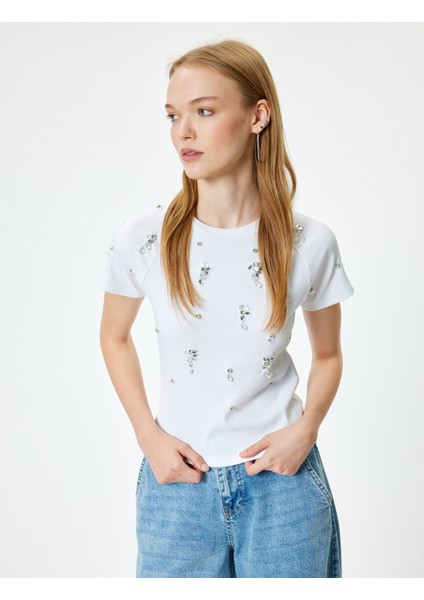 Taş Detaylı T-Shirt Kaşkorse Bisiklet Yaka Reglan Kollu Slim Fit