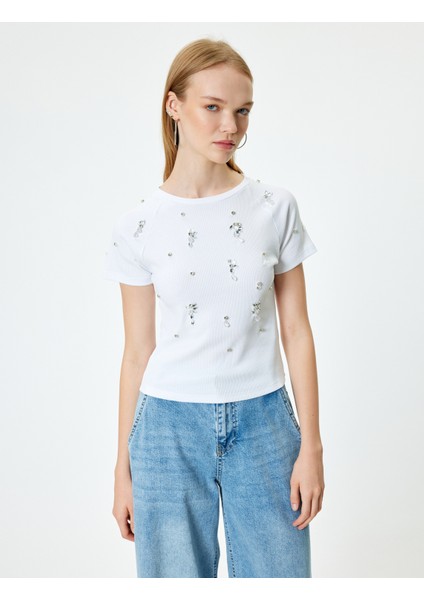 Taş Detaylı T-Shirt Kaşkorse Bisiklet Yaka Reglan Kollu Slim Fit modelleri