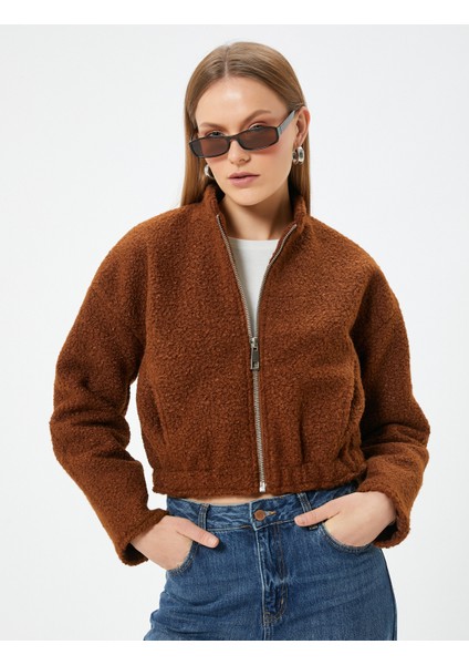 Peluş Bomber Ceket Crop Fermuarlı Cepli Rahat Kalıp fırsatları