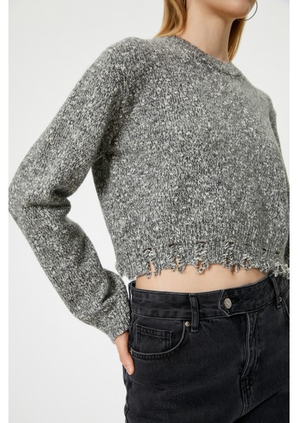 Kırçıllı Triko Kazak Yırtık Detaylı Uzun Kollu Bisiklet Yaka indirimleri