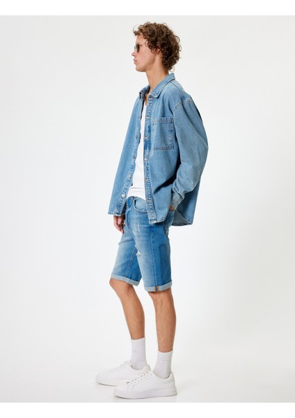 Slim Fit Kot Şort Bermuda Katlama Paçalı Düğme Detaylı