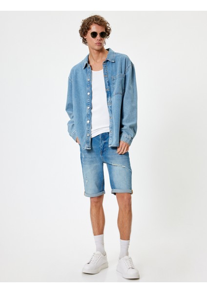 Slim Fit Kot Şort Bermuda Katlama Paçalı Düğme Detaylı