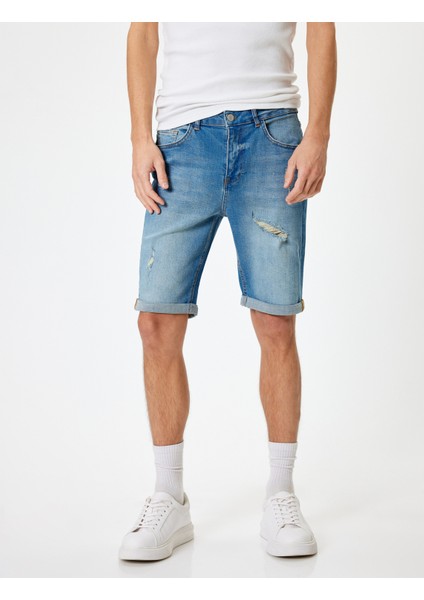 Slim Fit Kot Şort Bermuda Katlama Paçalı Düğme Detaylı