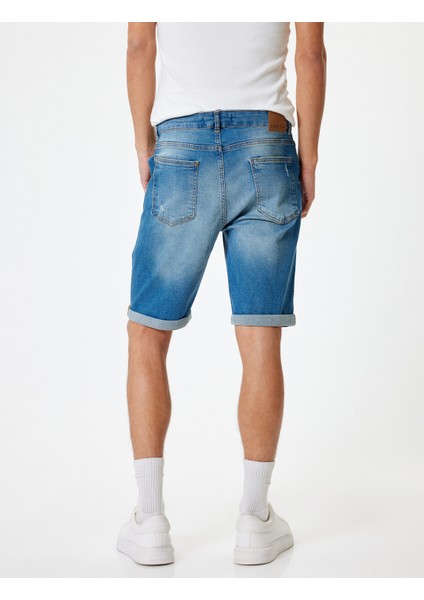 Slim Fit Kot Şort Bermuda Katlama Paçalı Düğme Detaylı