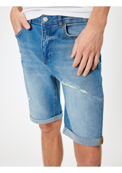 Slim Fit Kot Şort Bermuda Katlama Paçalı Düğme Detaylı