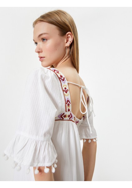 Balon Kol Elbise Kare Yaka Işlemeli Bağlama Detaylı fiyatları