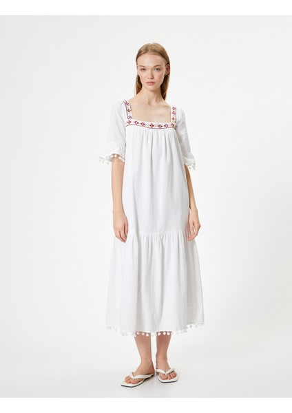 Balon Kol Elbise Kare Yaka Işlemeli Bağlama Detaylı modelleri