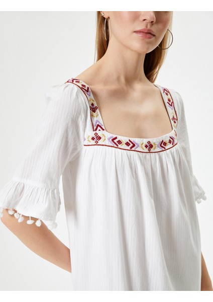 Balon Kol Elbise Kare Yaka Işlemeli Bağlama Detaylı indirimleri