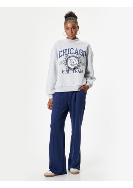 Oversize Sweatshirt Kolej Baskılı Bisiklet Yaka Şardonlu