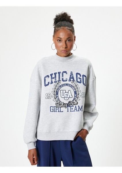 Oversize Sweatshirt Kolej Baskılı Bisiklet Yaka Şardonlu