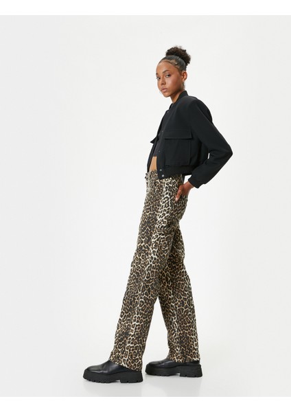 Leopar Desenli Kot Pantolon Standart Bel Düz Paça - Bianca Jeans