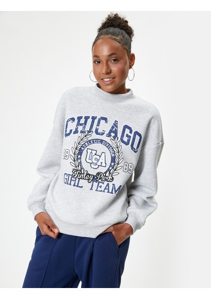 Oversize Sweatshirt Kolej Baskılı Bisiklet Yaka Şardonlu