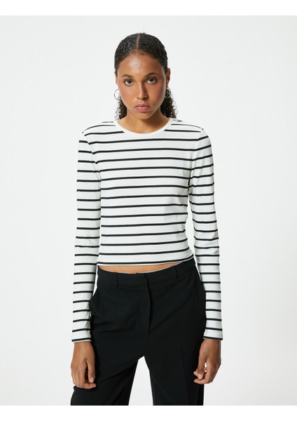 Uzun Kollu Crop T-Shirt Bisiklet Yaka Slim Fit Pamuklu