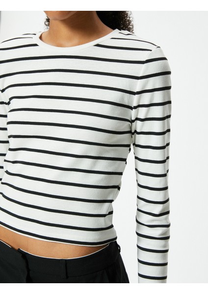 Uzun Kollu Crop T-Shirt Bisiklet Yaka Slim Fit Pamuklu