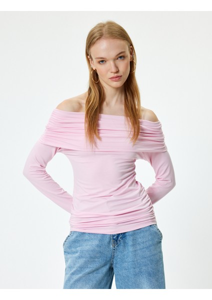 Uzun Kollu T-Shirt Madonna Yaka Drapeli Slim Fit