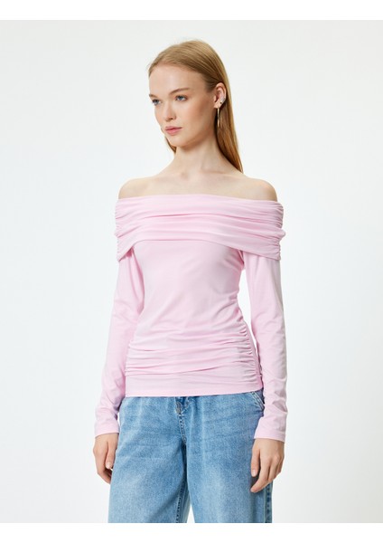 Uzun Kollu T-Shirt Madonna Yaka Drapeli Slim Fit modelleri