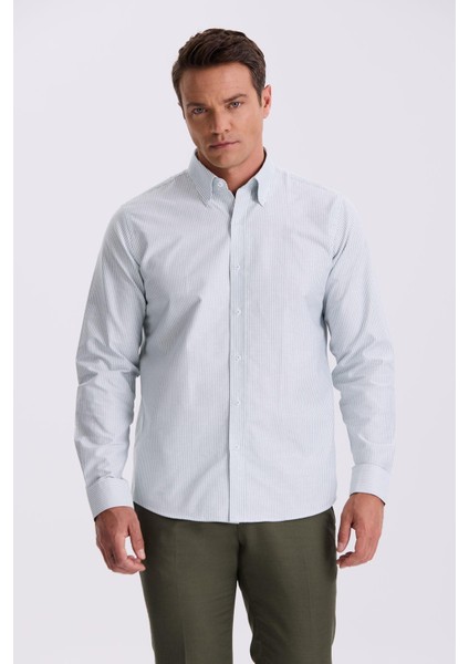 Yeşil %100 Pamuk Düğmeli Yaka Comfort Fit Gömlek